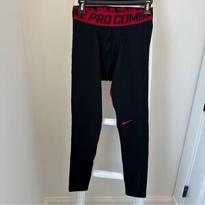 Nike Kids Pro Combat Hyperwarm Performance Leggings Black with Red Accents Sz L
